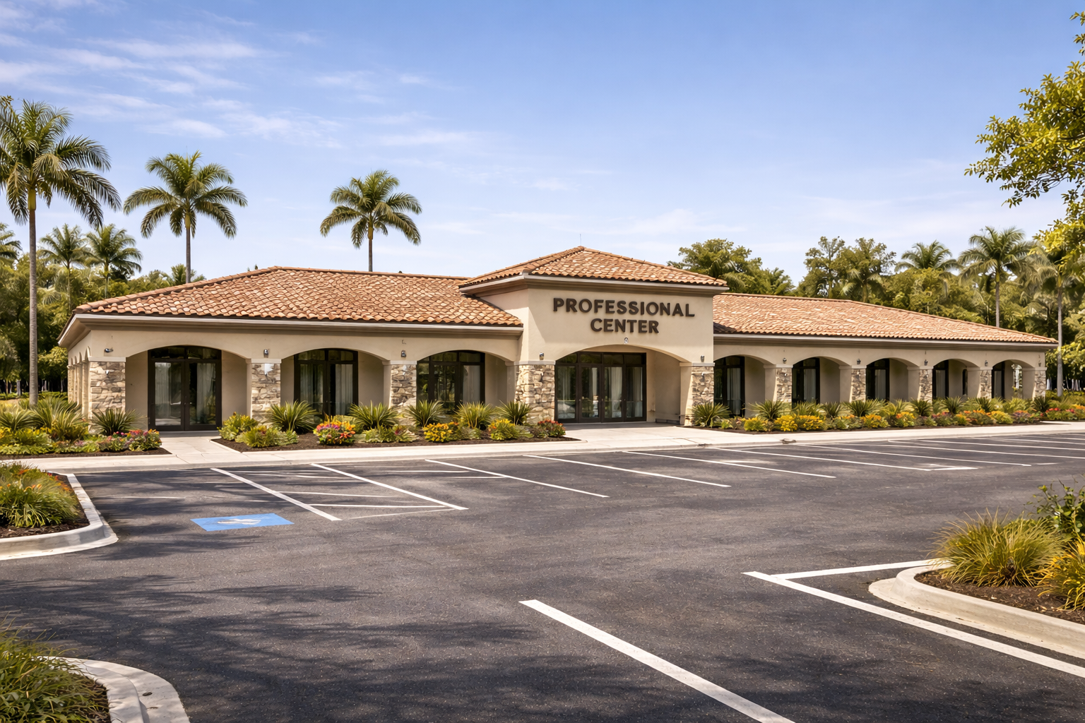 Professional Center building with a terracotta roof, palm trees, and a parking lot.