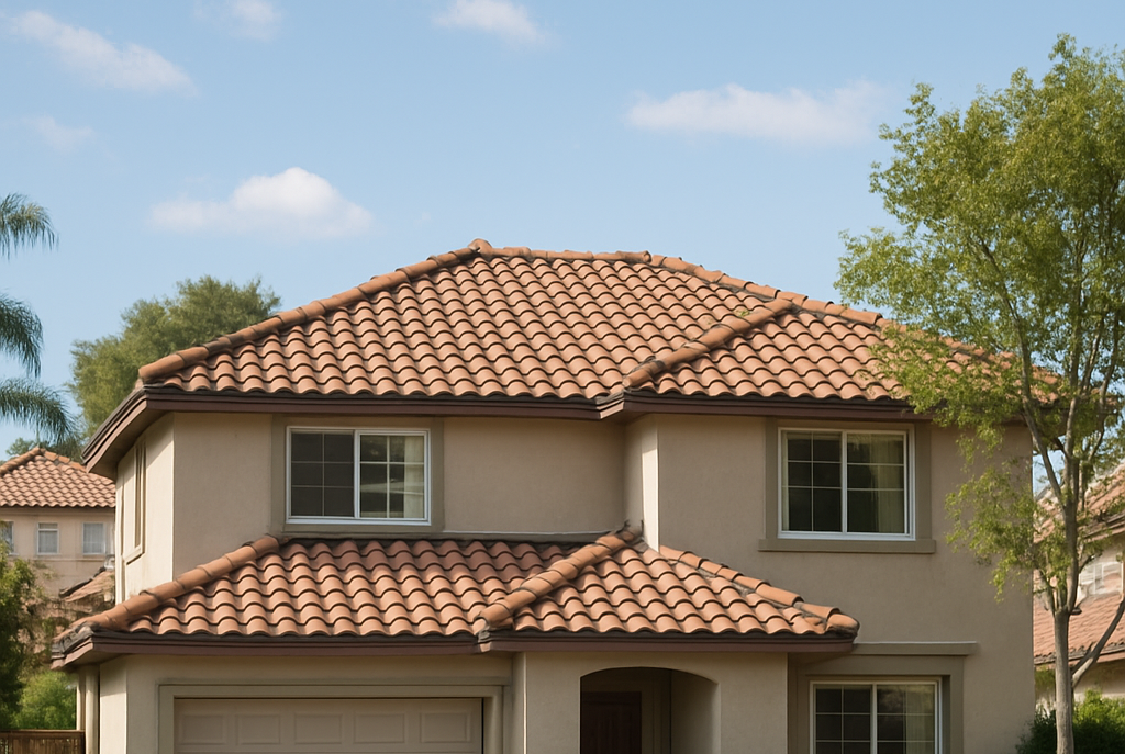 Two-story beige house with a terracotta tile roof and white-framed windows, against a blue sky.