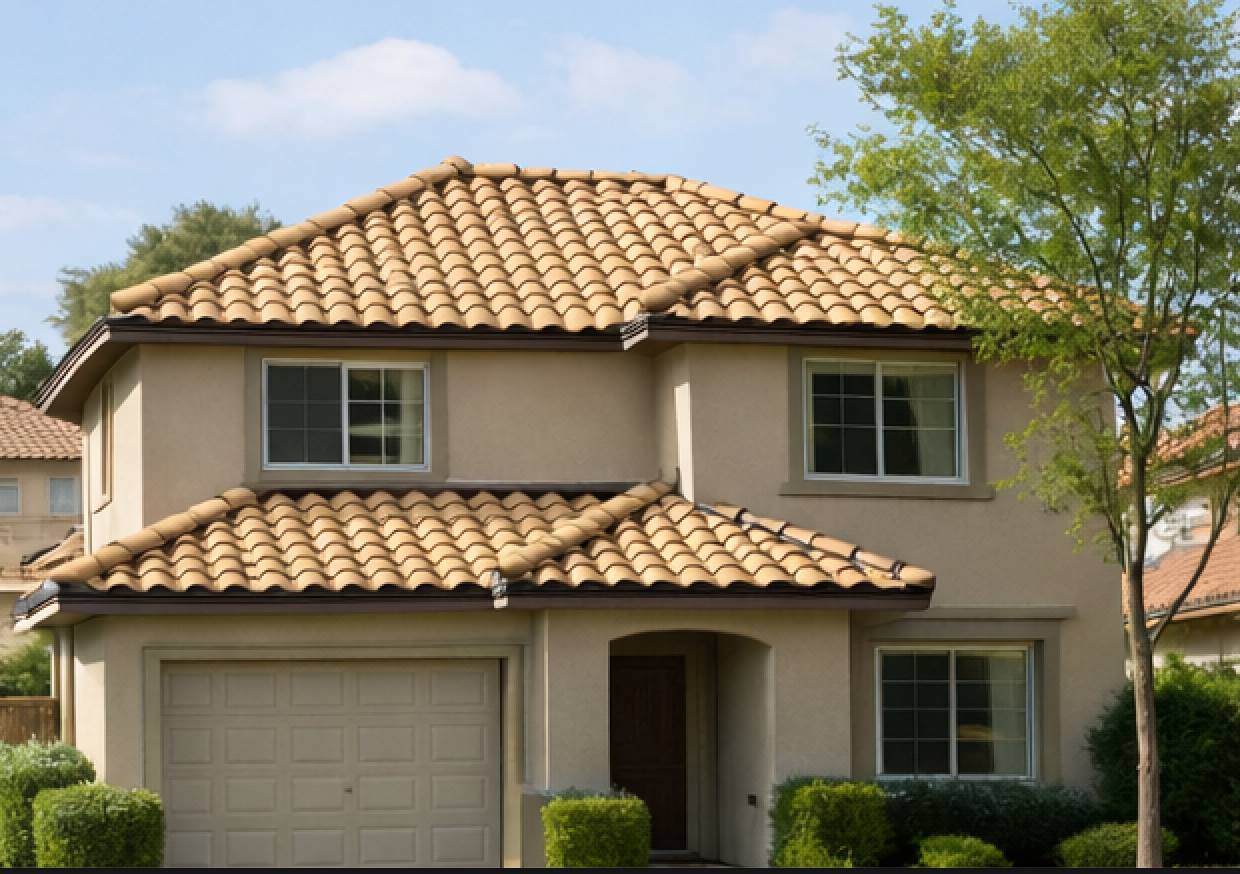 Two-story beige house with tan tile roof, white-framed windows, attached garage, and landscaping under a blue sky.