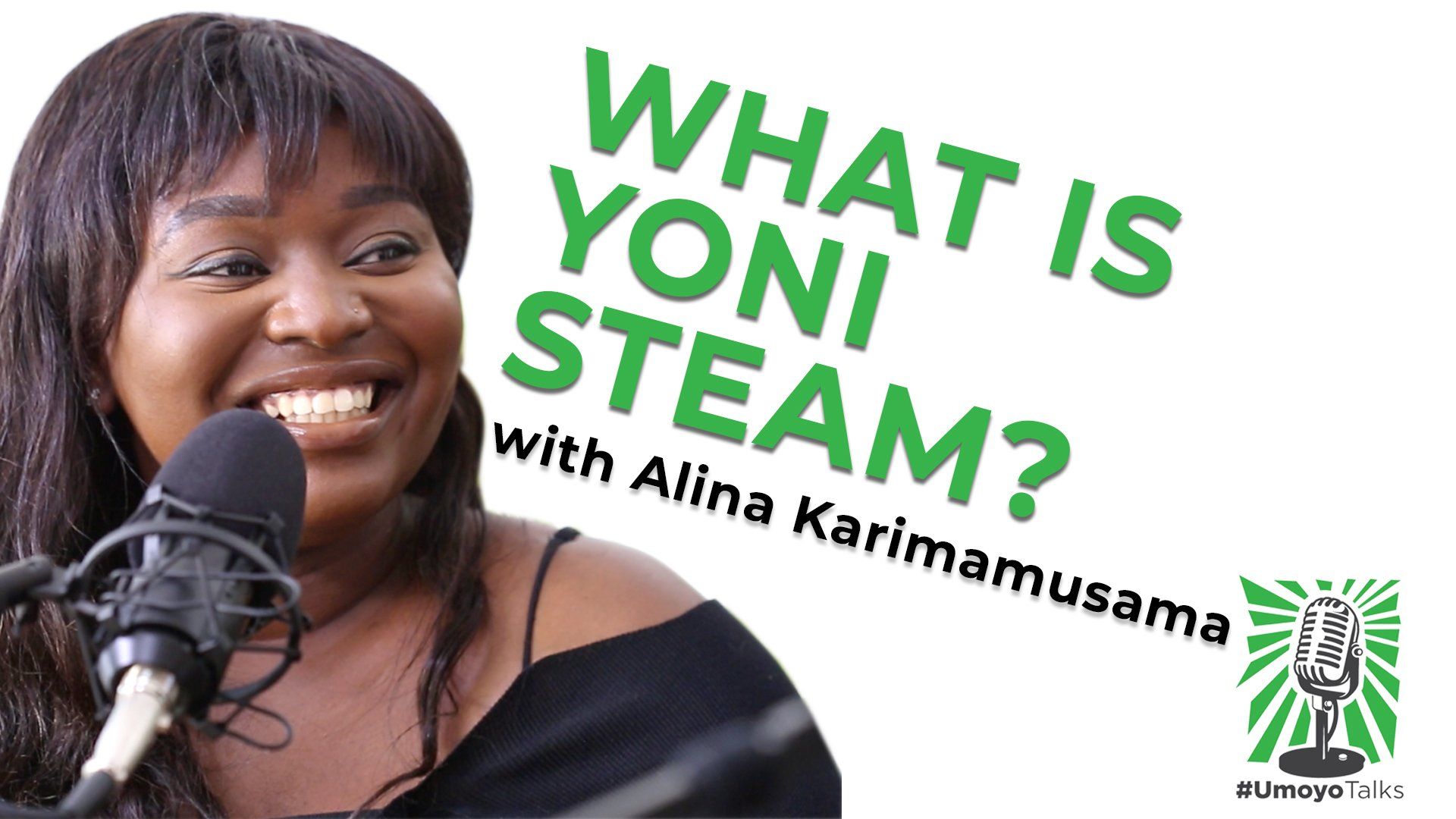 A woman is smiling in front of a microphone while talking about yoni steam