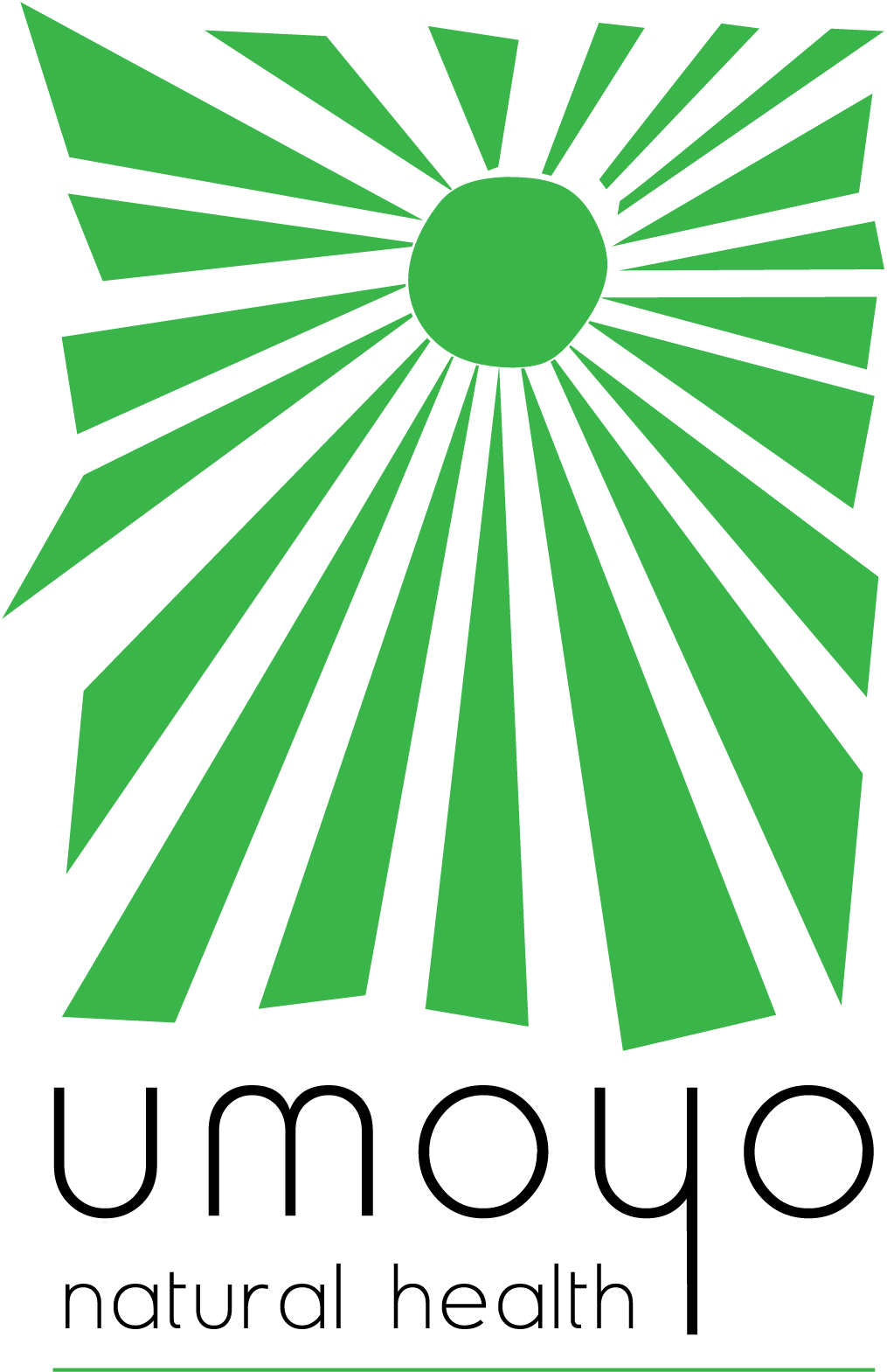 A green and white logo for umoyo natural health with a sun in the middle.