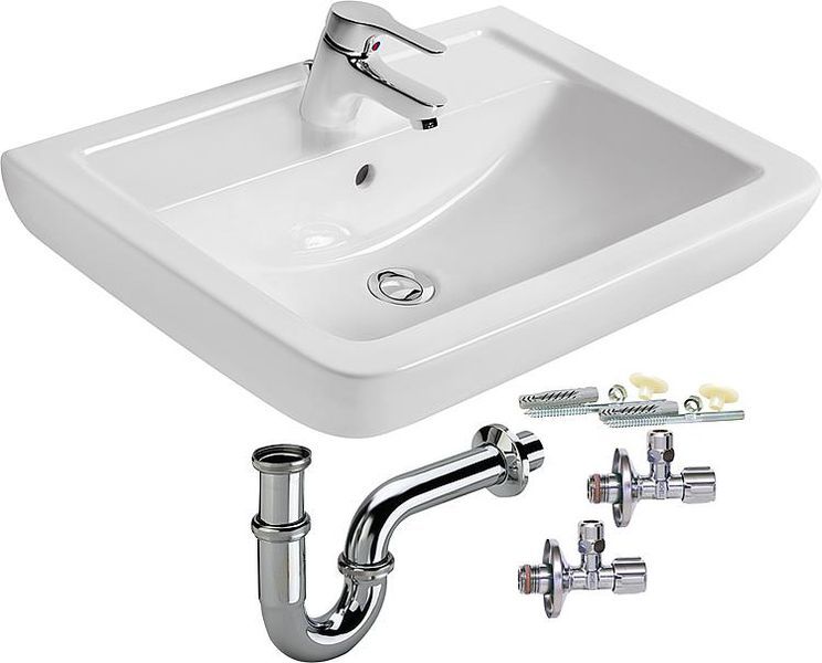 Ein weißes Waschbecken mit einem daran befestigten Chromrohr