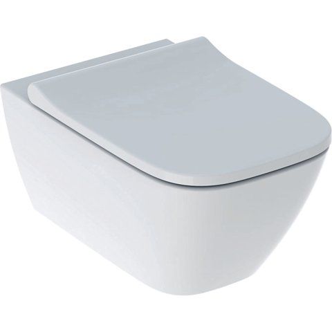 Eine weiße Wandtoilette mit weißem Sitz und Deckel.