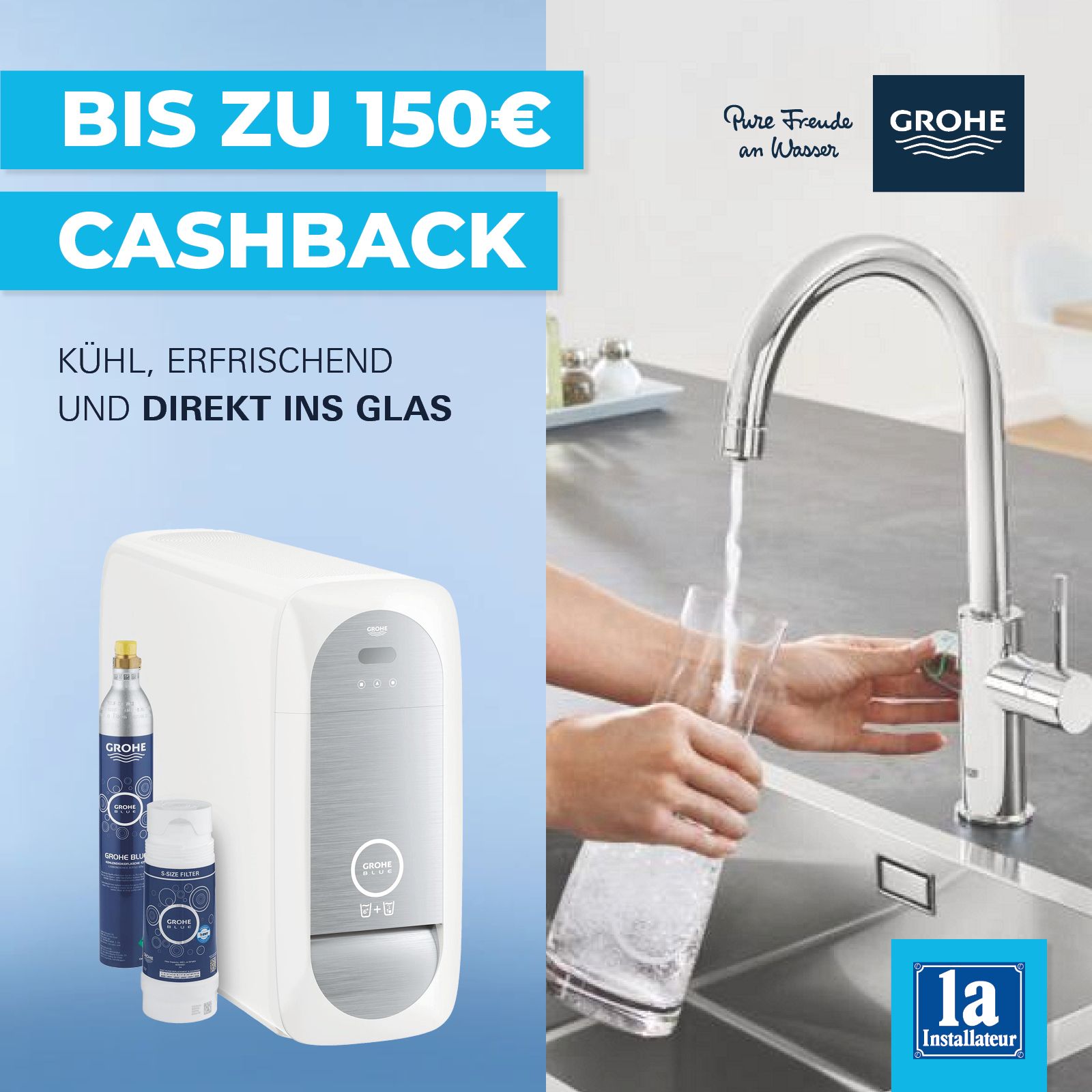 Eine Person gießt Wasser aus einem Wasserhahn in ein Glas.
