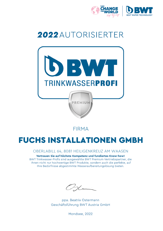 Ein Zertifikat auf dem Fuchs Installationen GmbH Premium Vertriebspartner BWT Trinkwasser Profi steht 