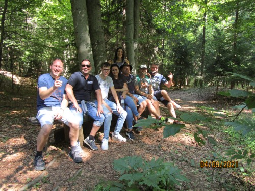 Eine Gruppe von Menschen sitzt auf einer Bank im Wald.