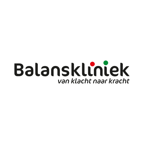 Logo voor het netwerk Balanskliniek, met de naam van de kliniek met rode en groene stippen en een slogan.