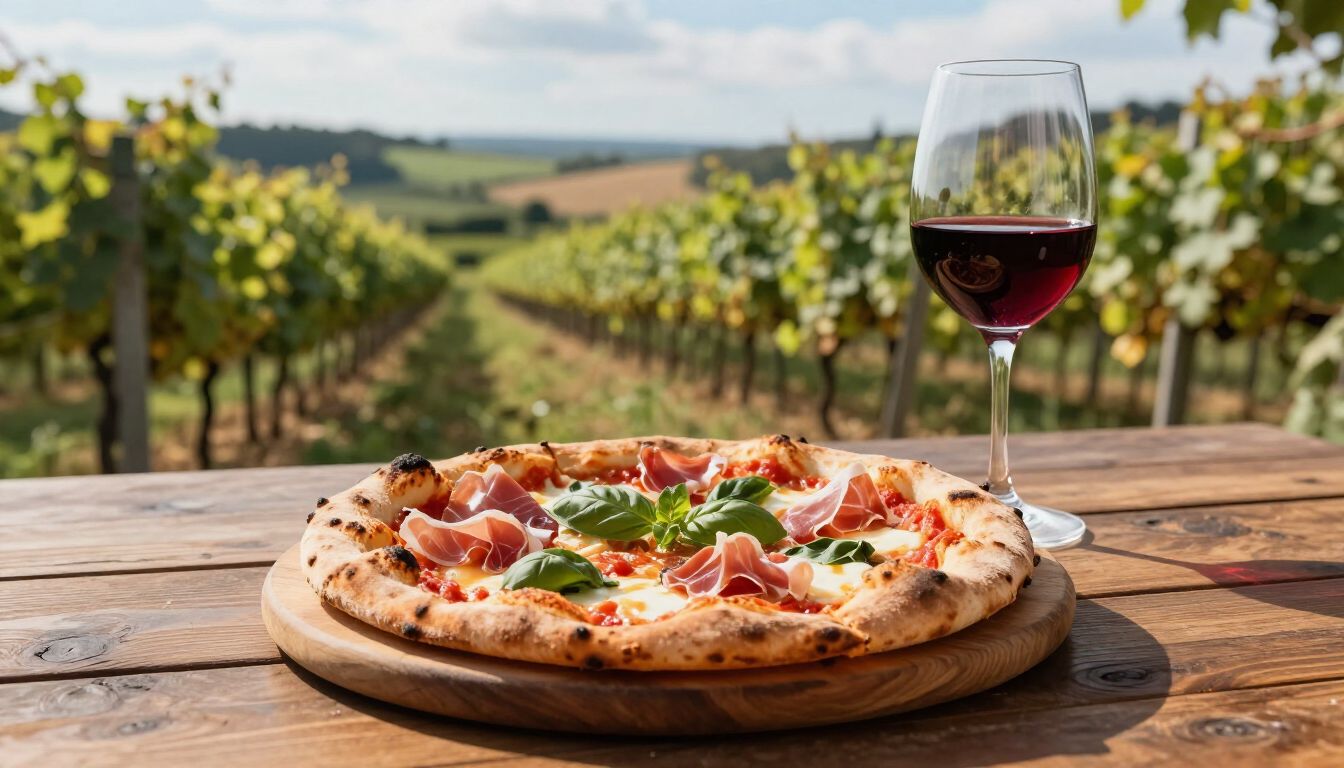Gourmet sourdough pizza and red wine glass at Rolling Hills Vineyard.