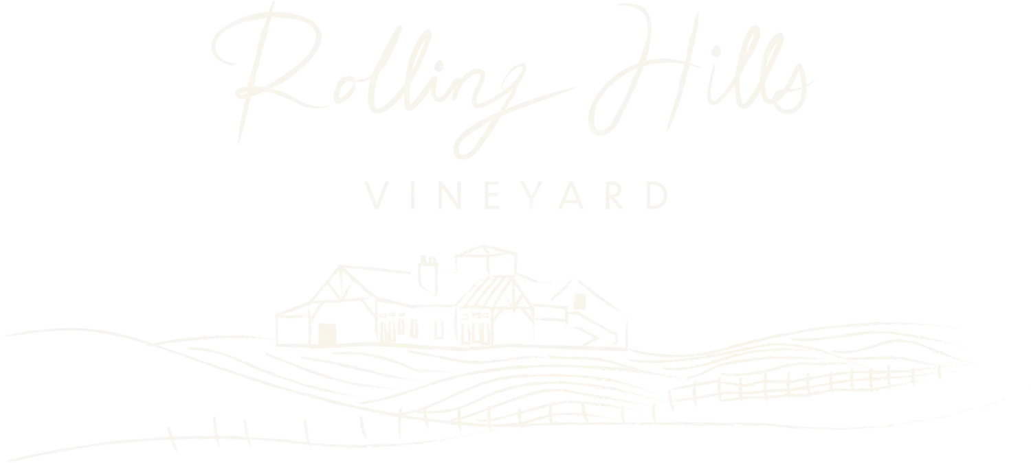 Rolling Hills Vineyard logo in light gold, featuring the name and a sketch of a building on a hill.