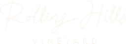 Rolling Hills Vineyard logo in script font, cream color on white background. 