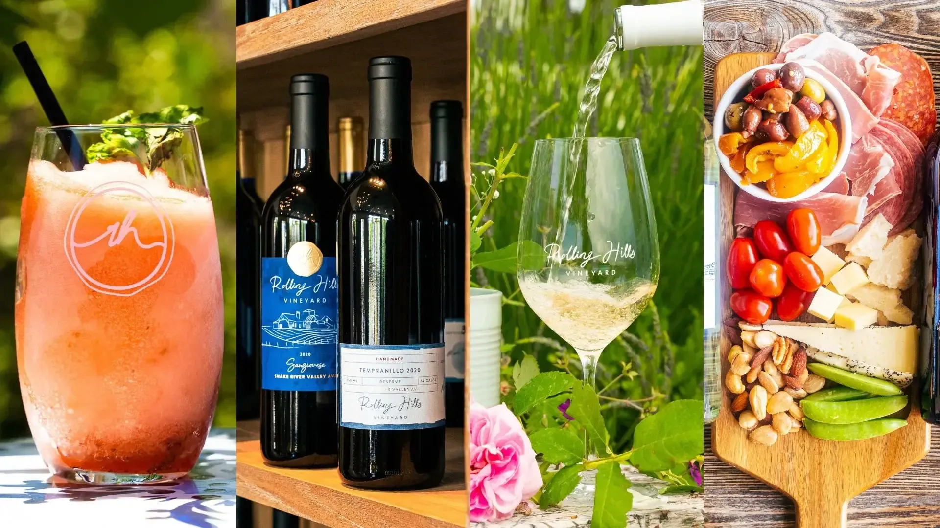 A composite image featuring a cocktail, red wine bottles, white wine being poured, and a charcuterie board.