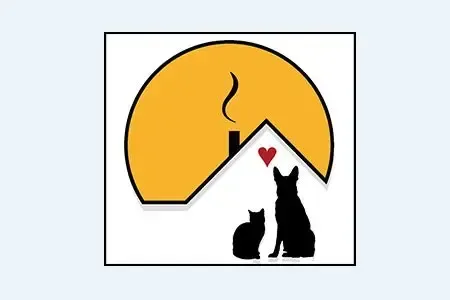 Logo: silhouette of a cat and dog under a house outline with a heart, set against a yellow circle.