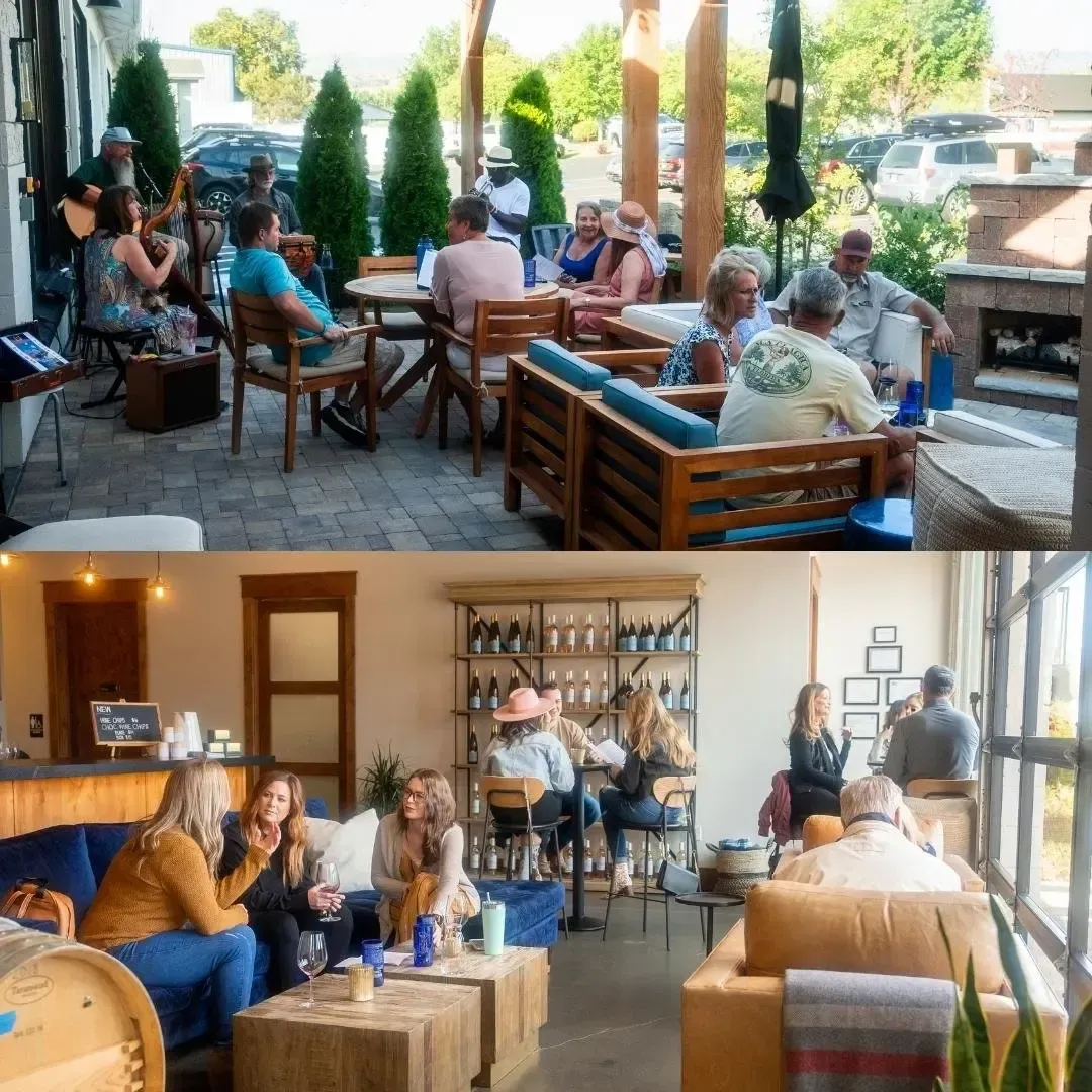 Two photos: outdoor patio with band, guests at tables, and indoor tasting room with guests seated.