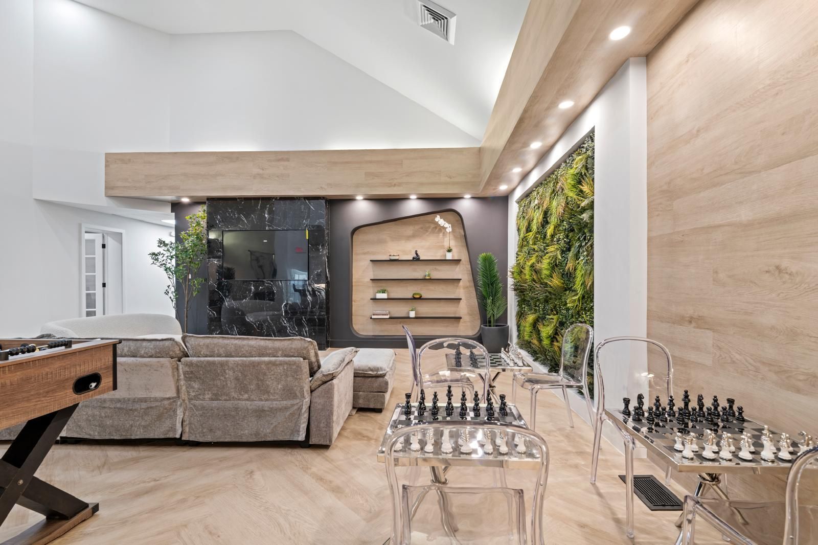There is a chess board in the middle of the room.