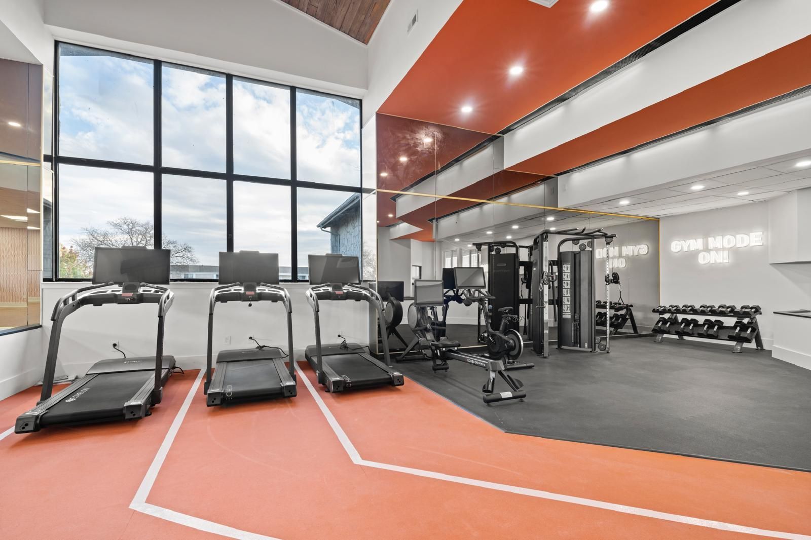 A gym with treadmills , dumbbells , and a large window.