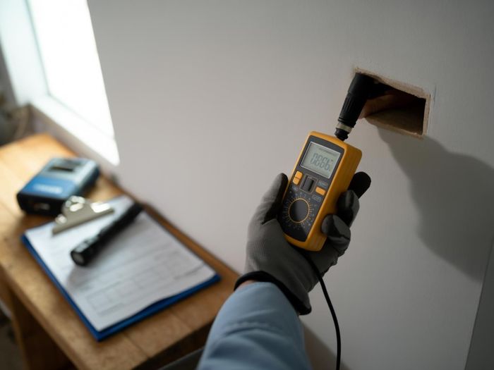 Person with a meter checking inside a wall opening, measuring something. Other tools and clipboard in setting.