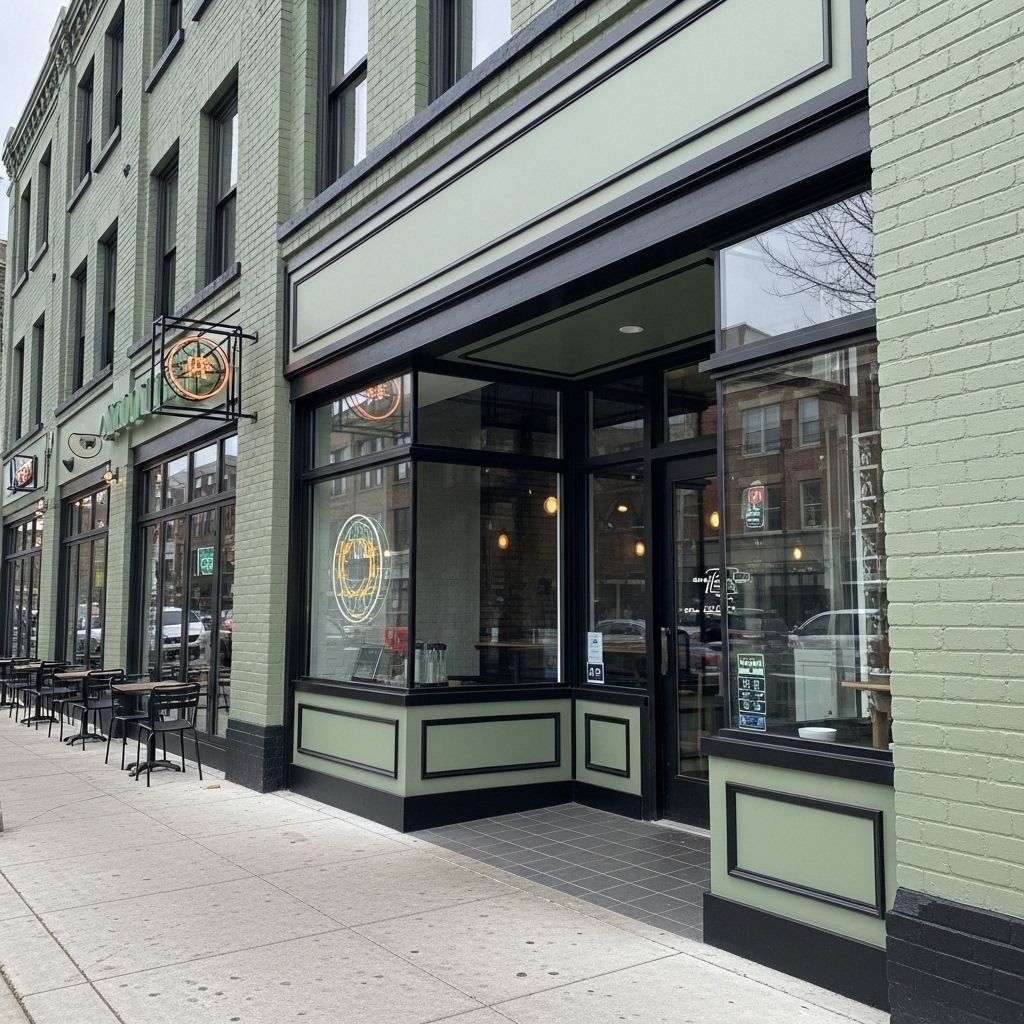 Exterior of a green brick building with a restaurant's glass storefront and tables on the sidewalk.