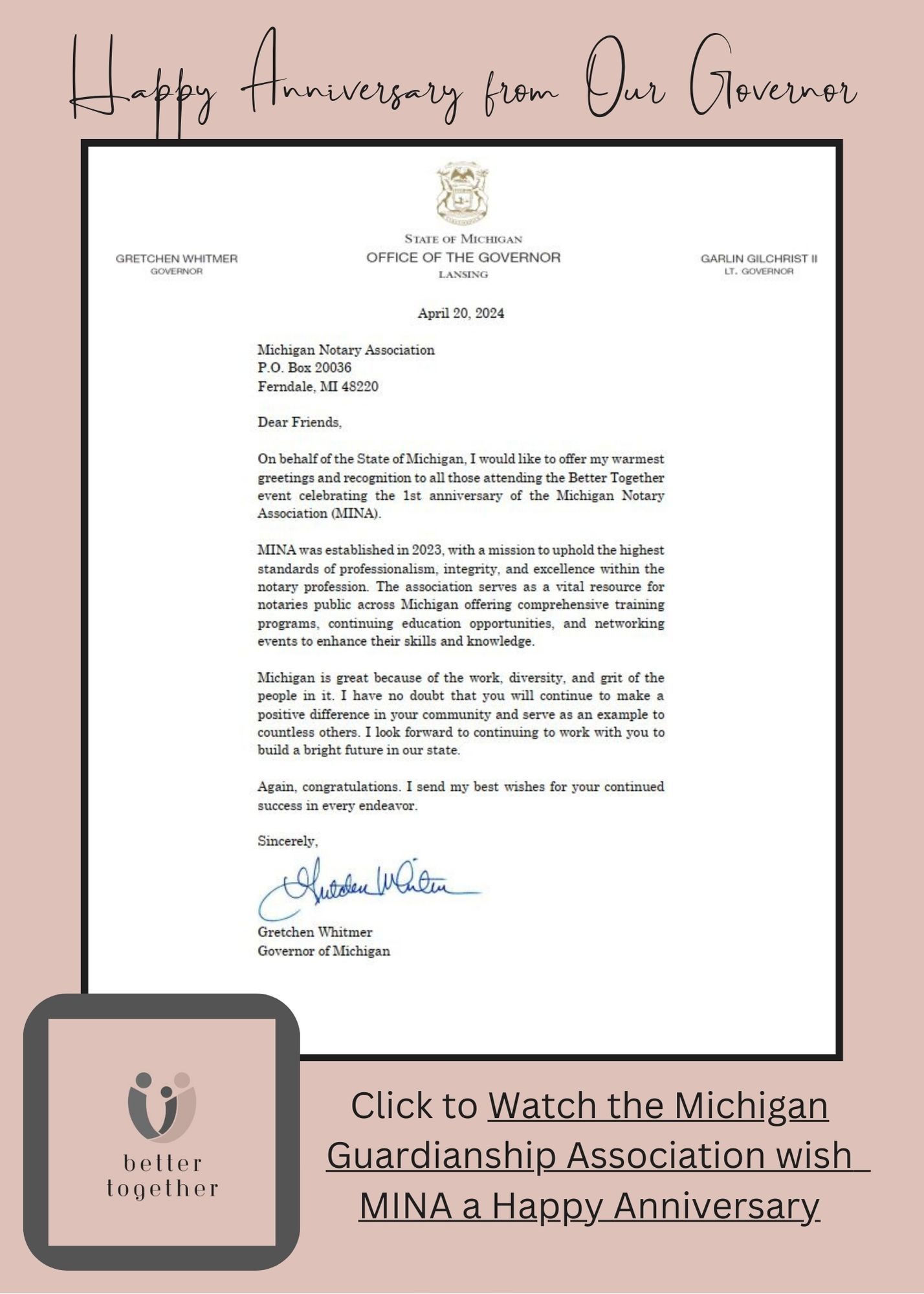 A letter from the Michigan Guardship Association wishing MINA a happy anniversary.