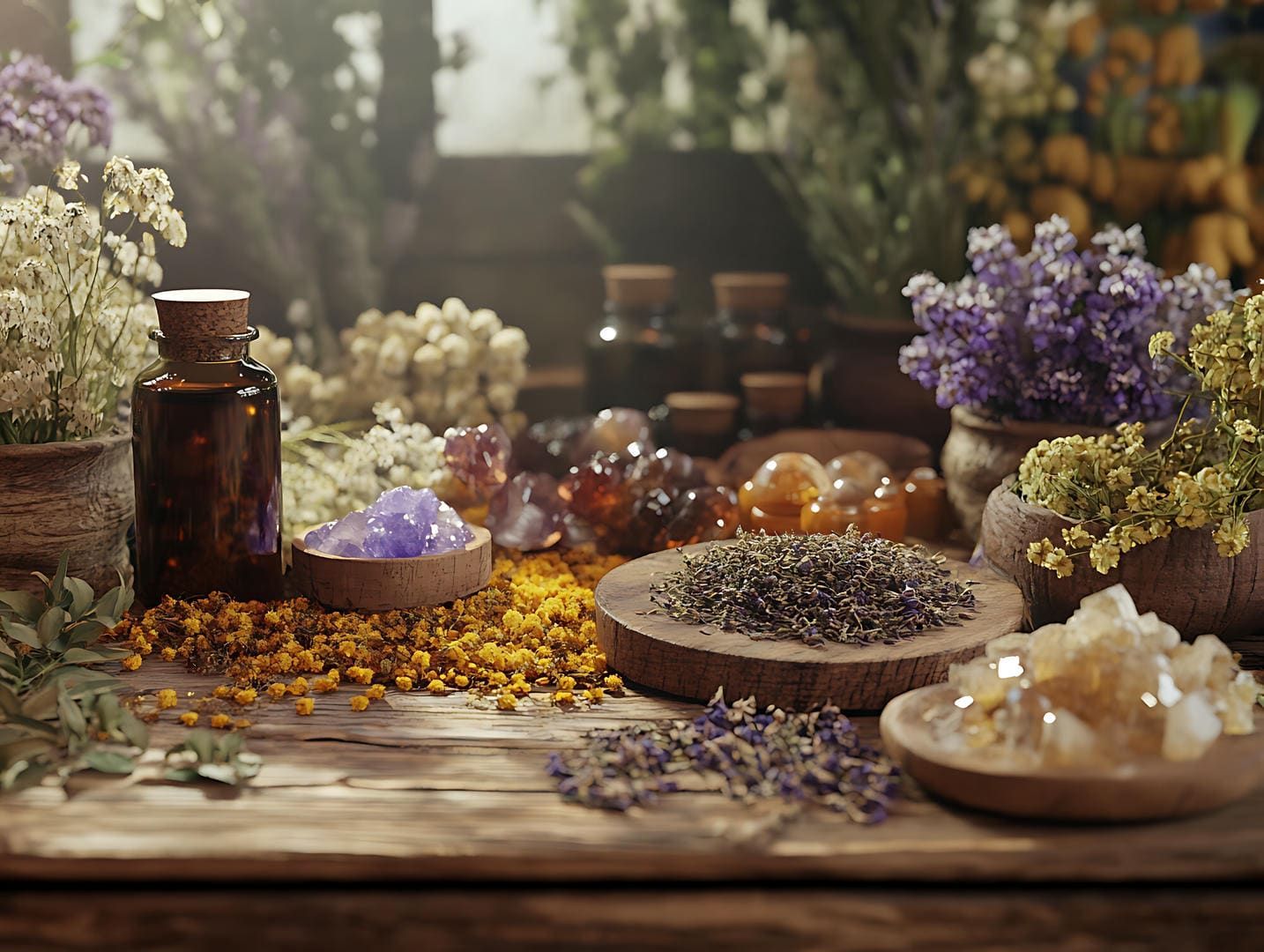 There are many different types of herbs and flowers on the table.