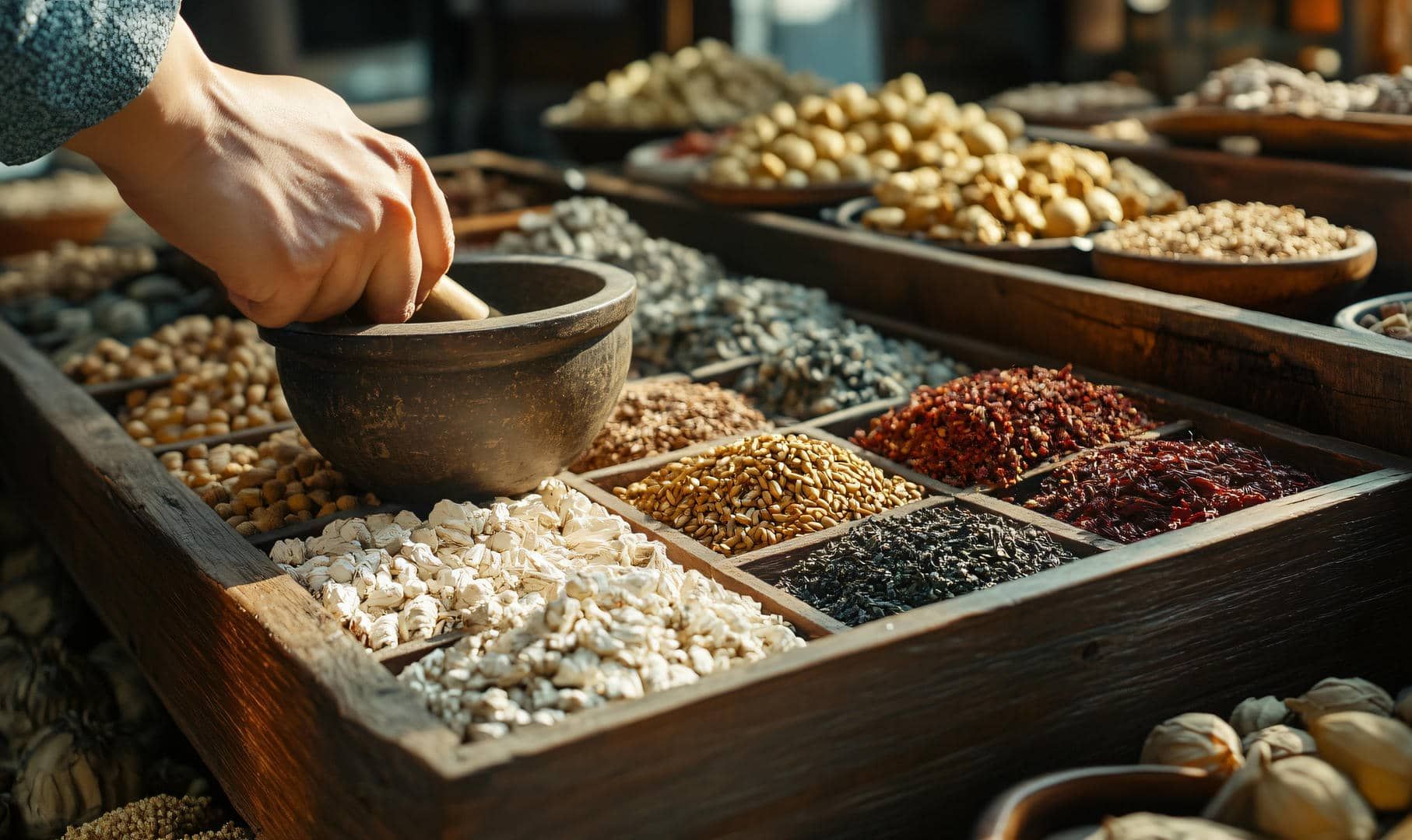 A person is grinding spices in a mortar and pestle.