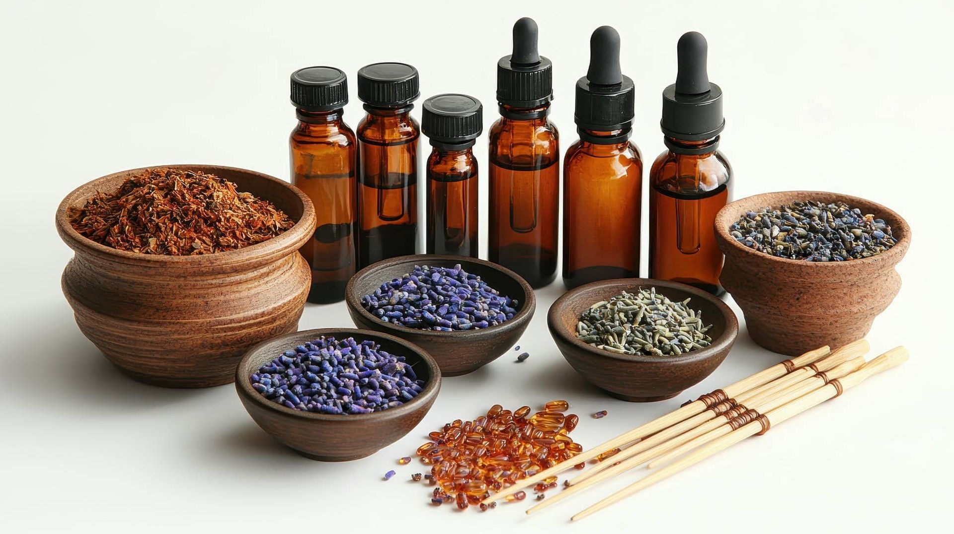 There are many different types of essential oils in bottles and bowls.
