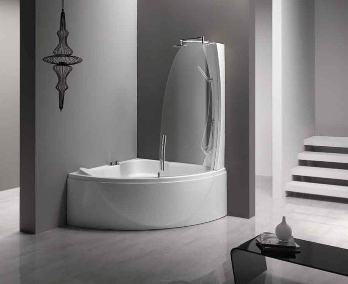 vasca angolare con doccia in ceramica bianca