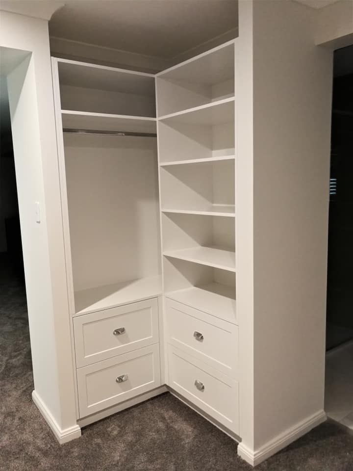 White Custom Built-in Corner Closet With Drawers, Shelves, and Hanging Rod  — Payton Kitchens In Wilsonton, QLD