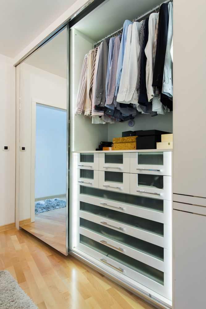 White Walk-in Closet With Sliding Mirror Door — Payton Kitchens in Pittsworth, QLD