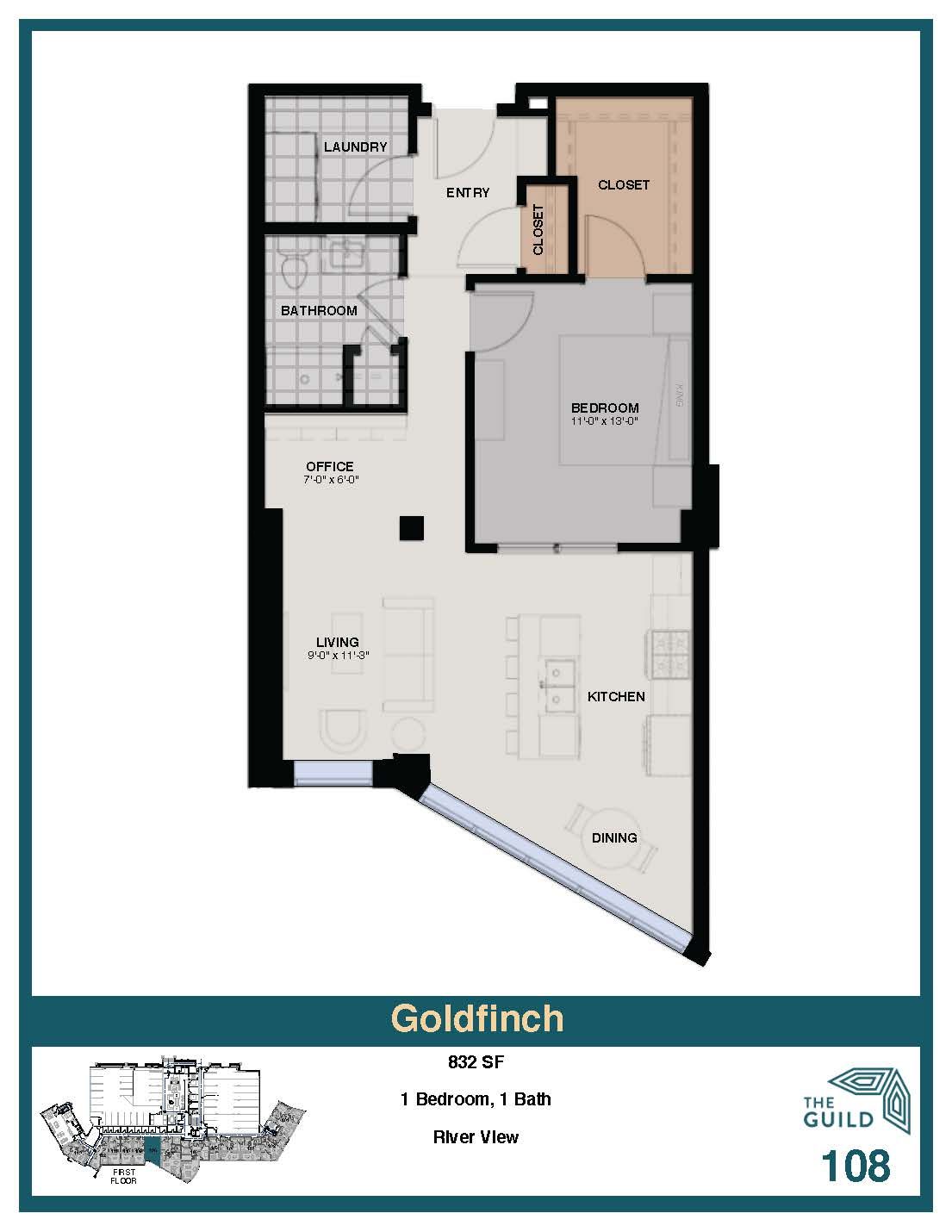 A floor plan of a goldfinch apartment