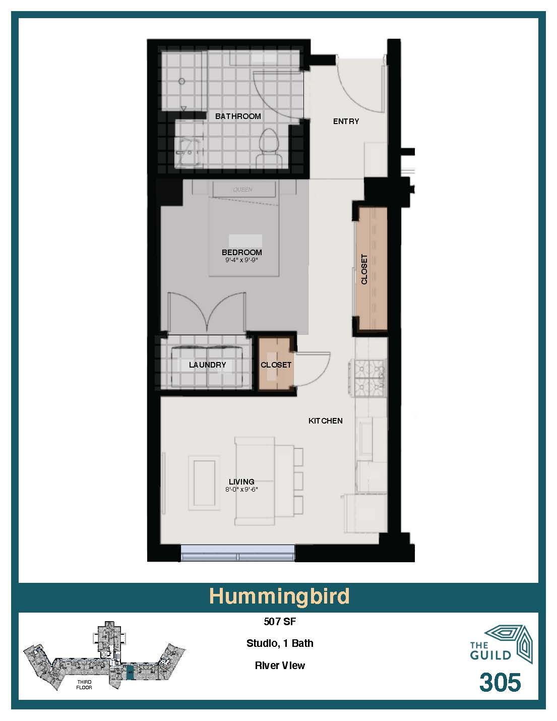 A floor plan of a hummingbird apartment