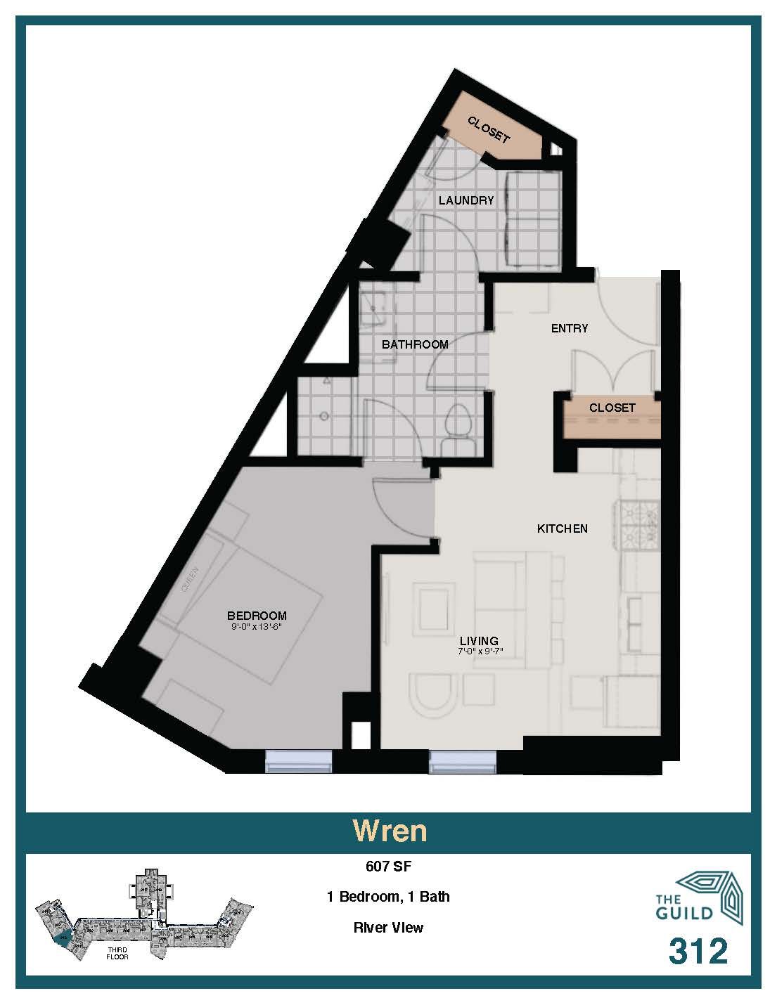 A floor plan of a apartment called wren 312