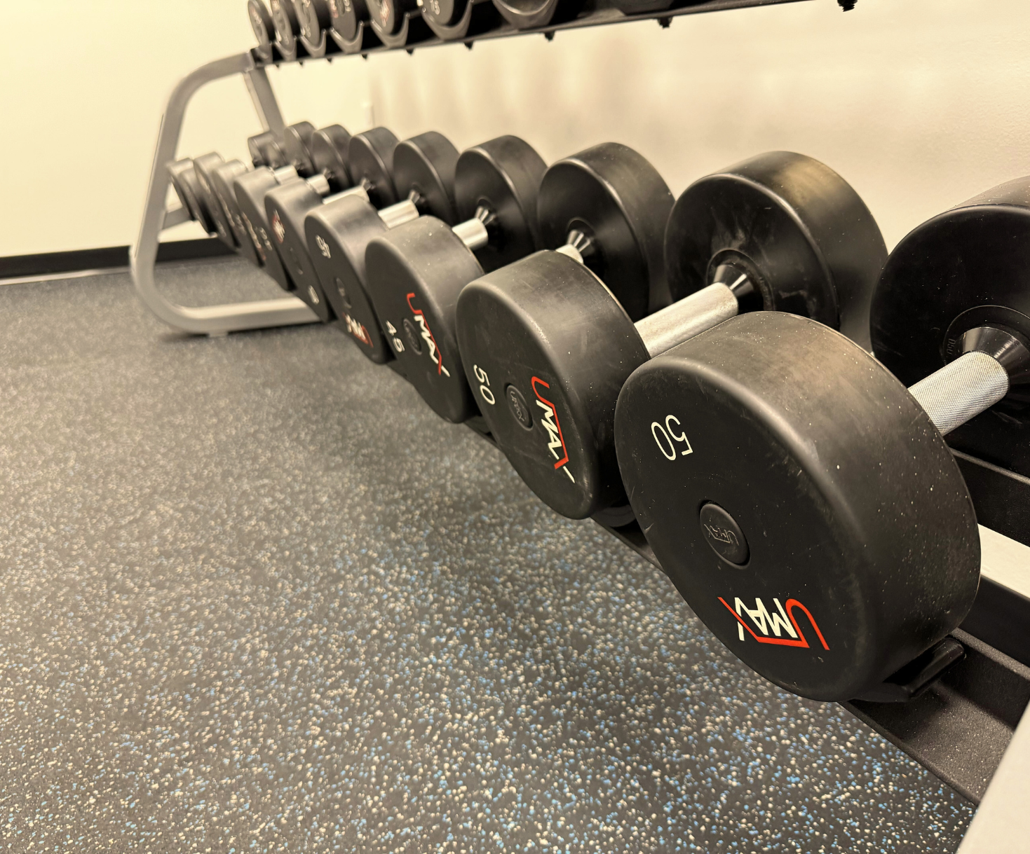 Dumbbells lined up on a rack at a gym, with one reading