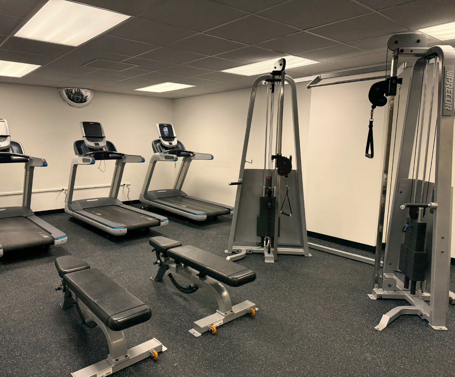 Gym with treadmills, weight benches, and cable machines on a black floor; white walls and ceiling.