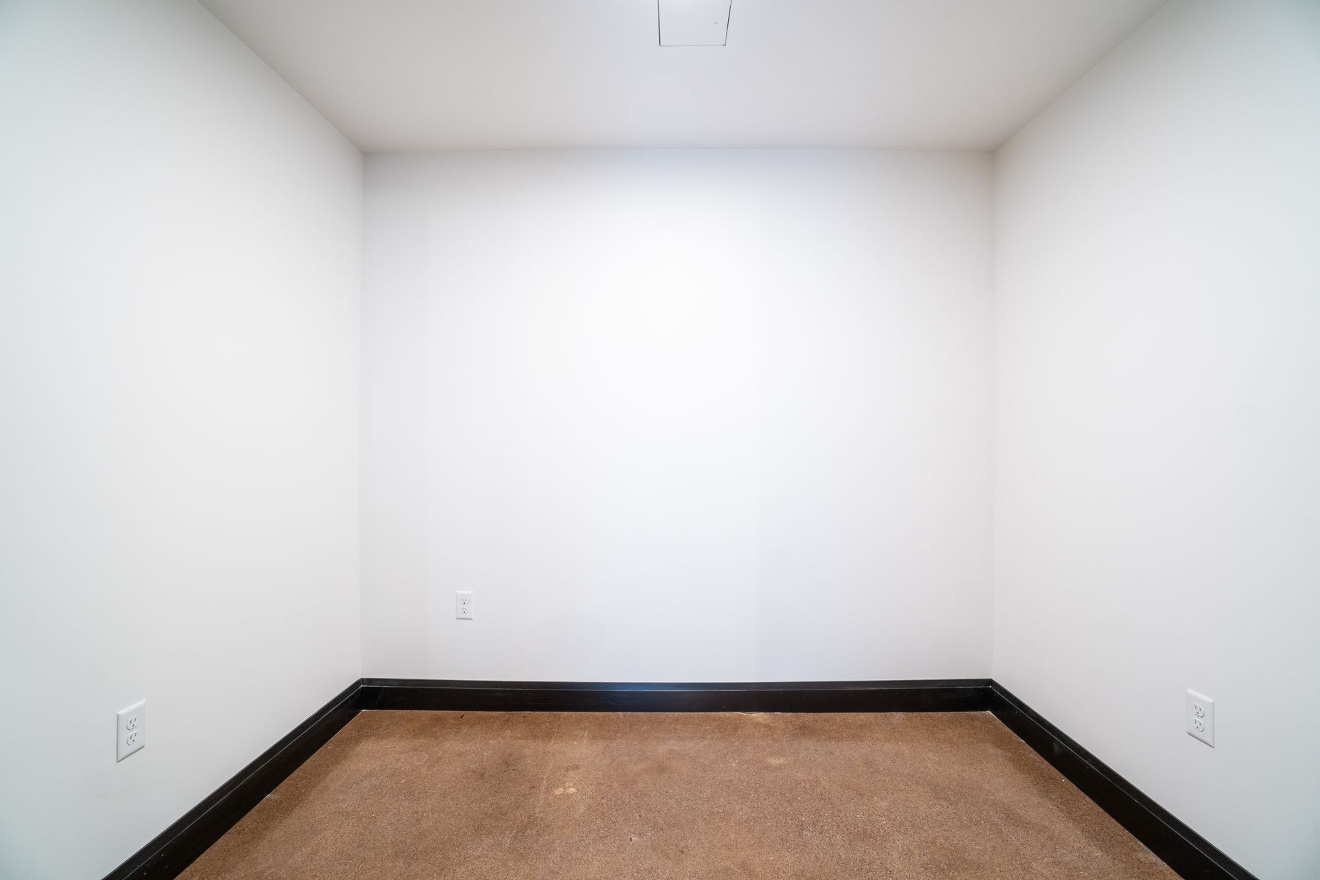 Empty, small room with white walls, brown carpet, and dark wood baseboards.