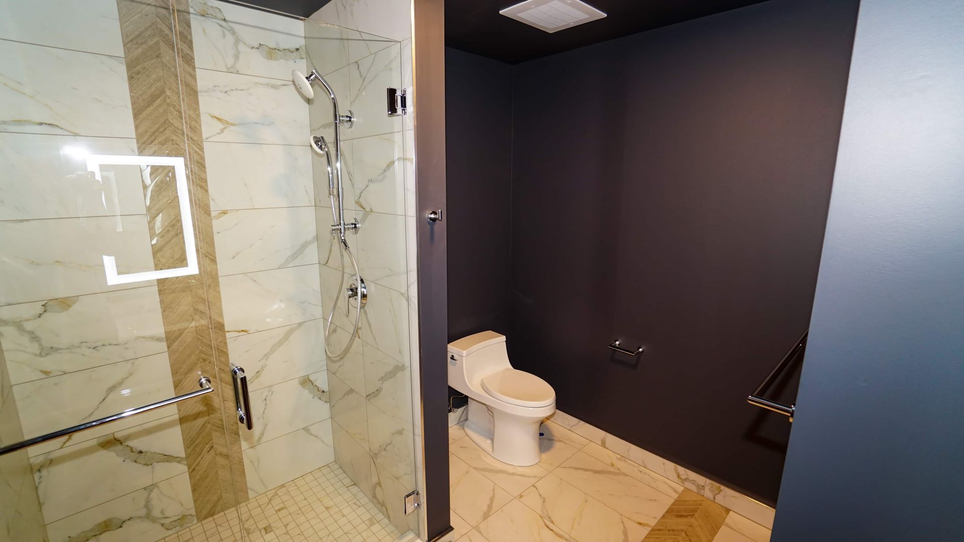 A bathroom with a toilet and a walk in shower.