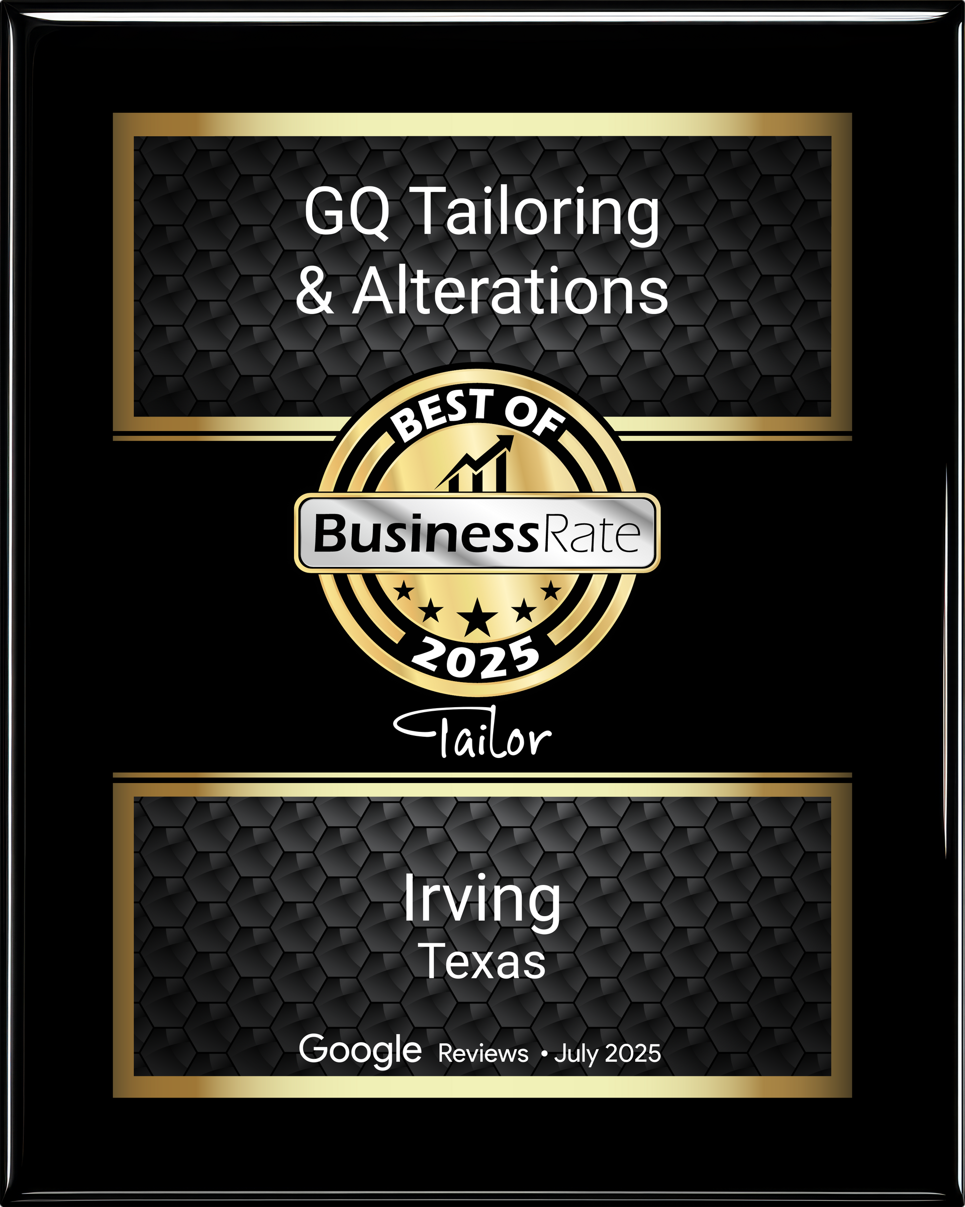 GQ Tailoring & Alterations award plaque. 