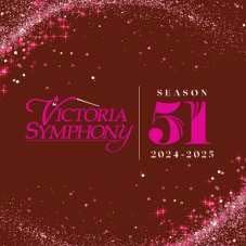 Victoria Symphony Season 51 graphic, dark red background with pink text and sparkle effects.