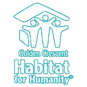 Golden Crescent Habitat for Humanity logo: turquoise house with three stick figures under the roof. Text below.