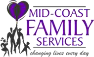 Mid-Coast Family Services logo: Purple heart balloon lifted by silhouetted family; text overlay.