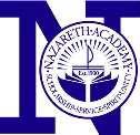 Logo for Nazareth Academy, with a crest on a purple letter