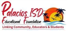Palacios ISD Educational Foundation logo featuring a beach sunset with palm trees and text.