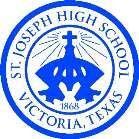 Blue school seal: St. Joseph High School in Victoria, Texas, with a cross, rays, and