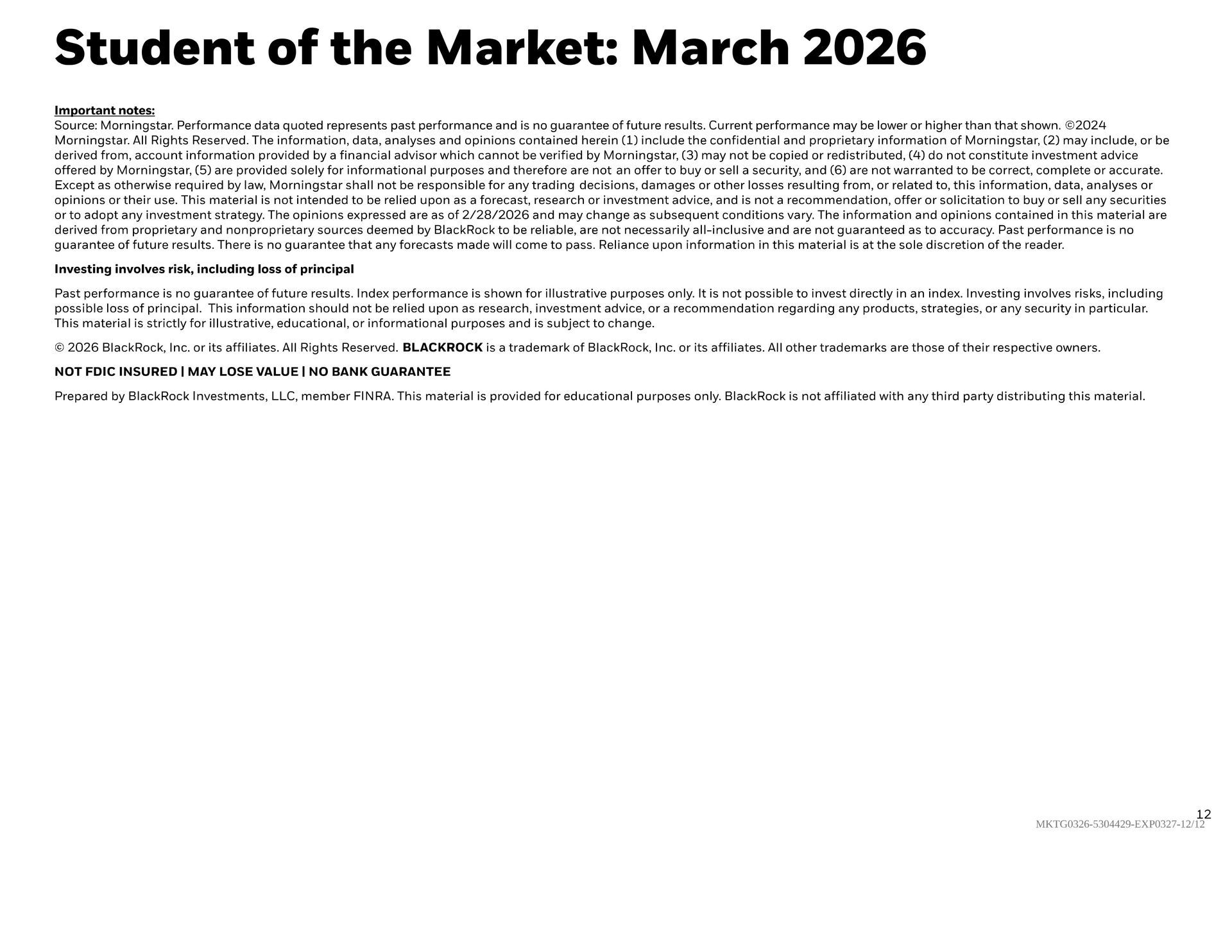 Student of the Market: March 2026 title over a text block describing a report on market performance and investment trends.