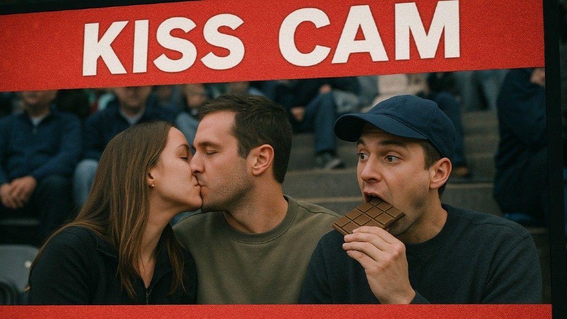 Kiss cam at stadium: Couple kissing, man next to them eating, surprised expression.