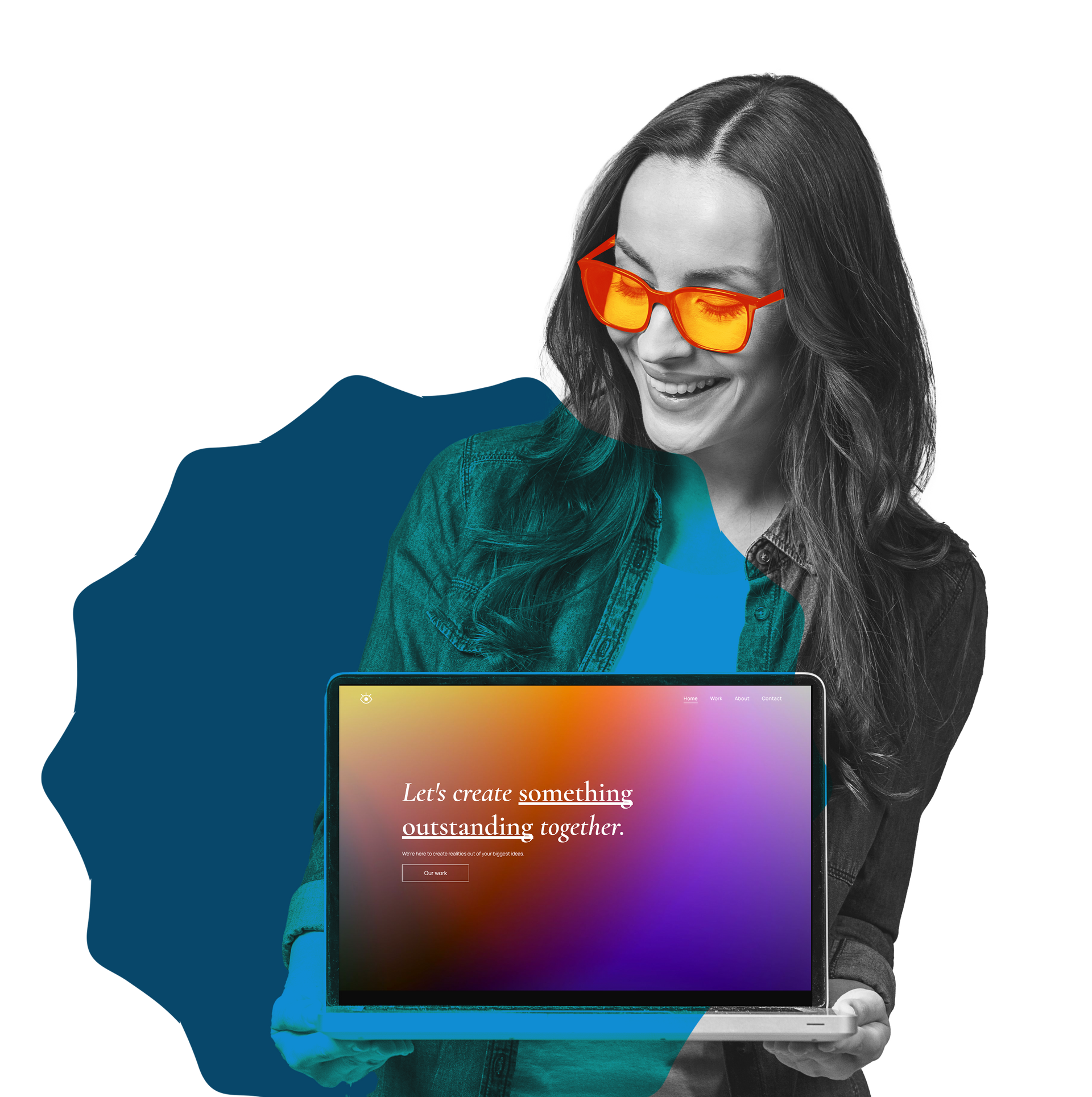 Woman smiling, holding open laptop with colorful gradient background. Wearing orange glasses, blue-green shirt.