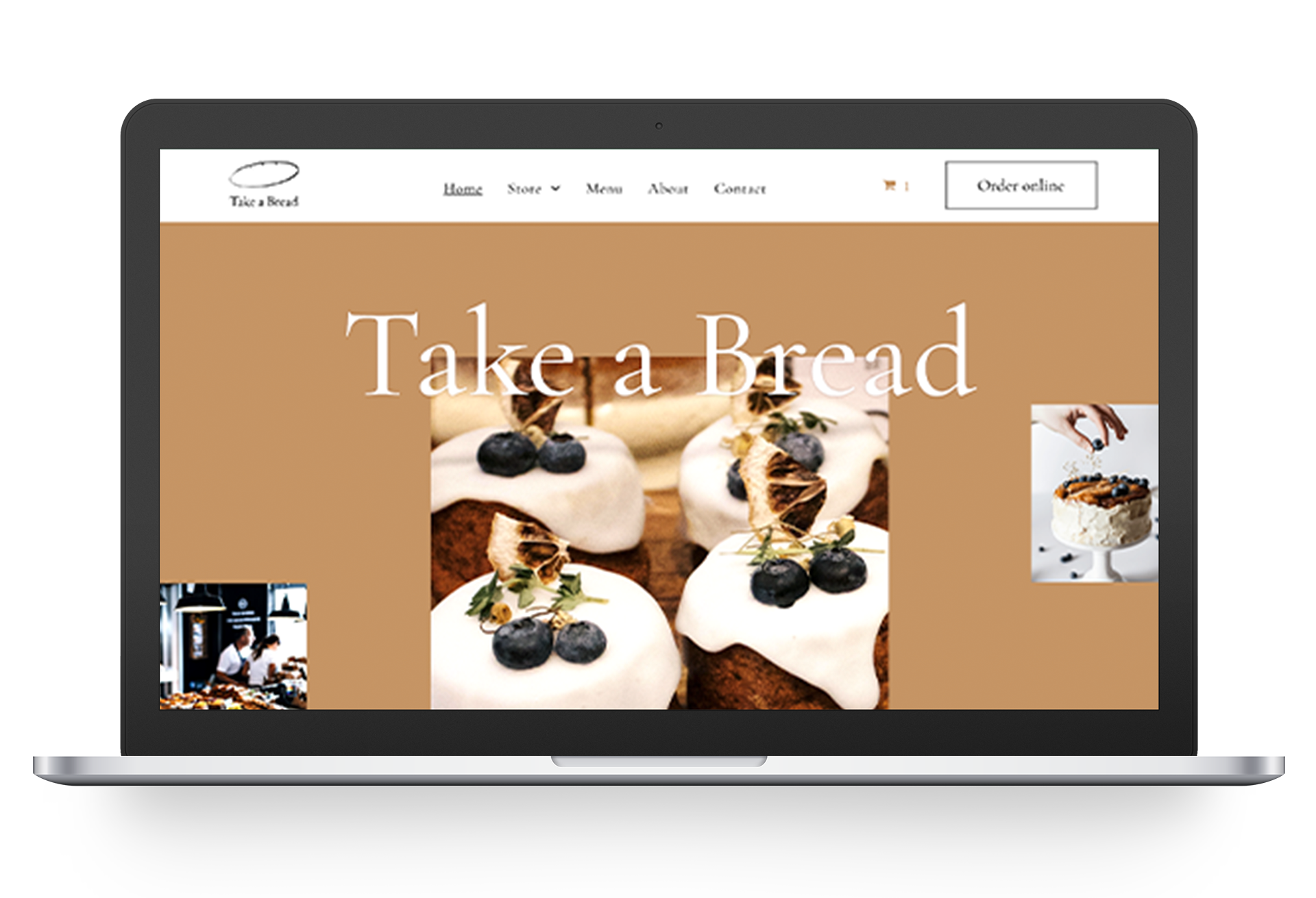 Website home page of Take a Bread bakery, featuring decorated cakes on display, set on a laptop.