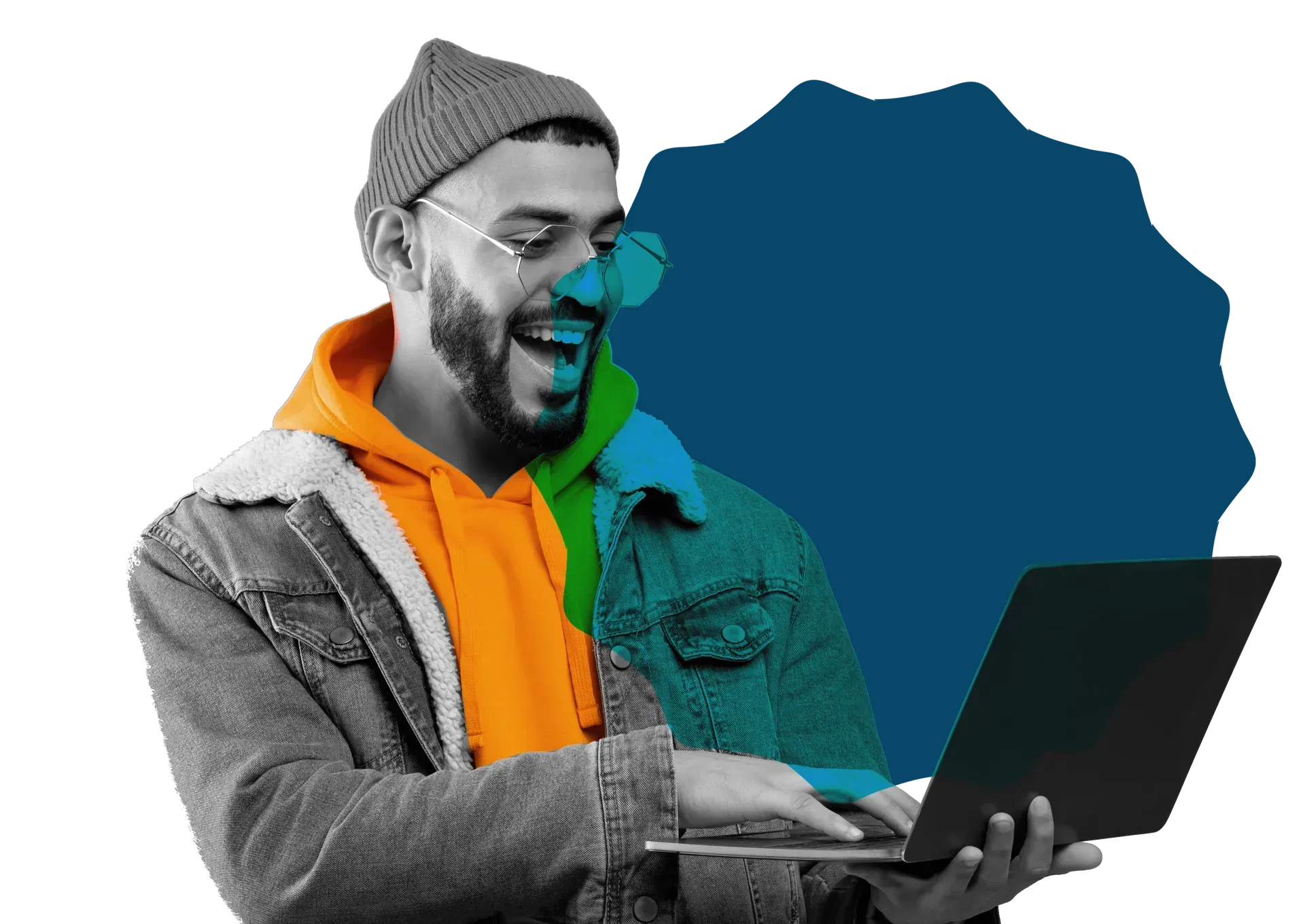 Man with laptop, smiling, wearing a beanie and denim jacket, overlayed with colorful shapes.
