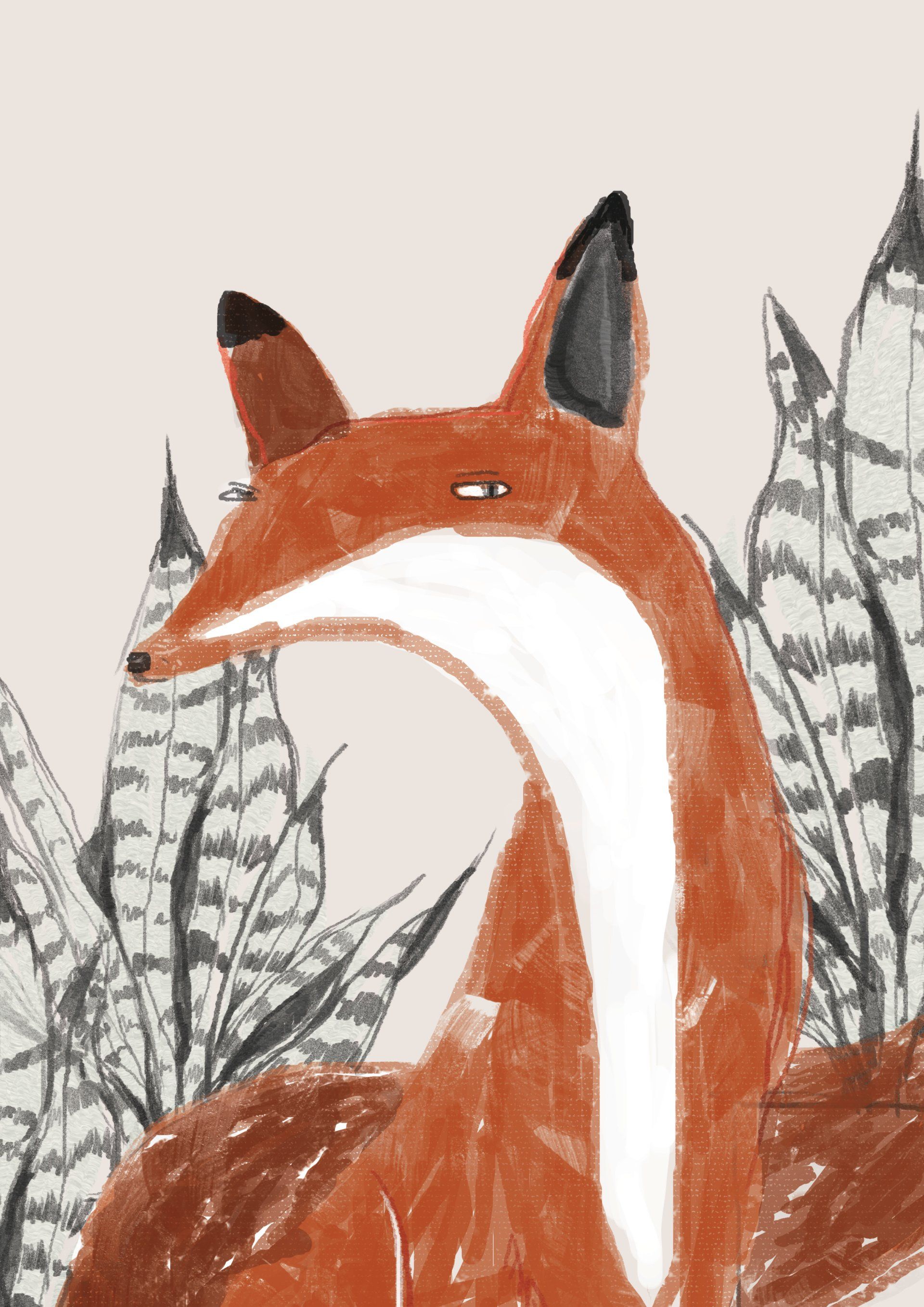 A fox is sitting in a field of plants.