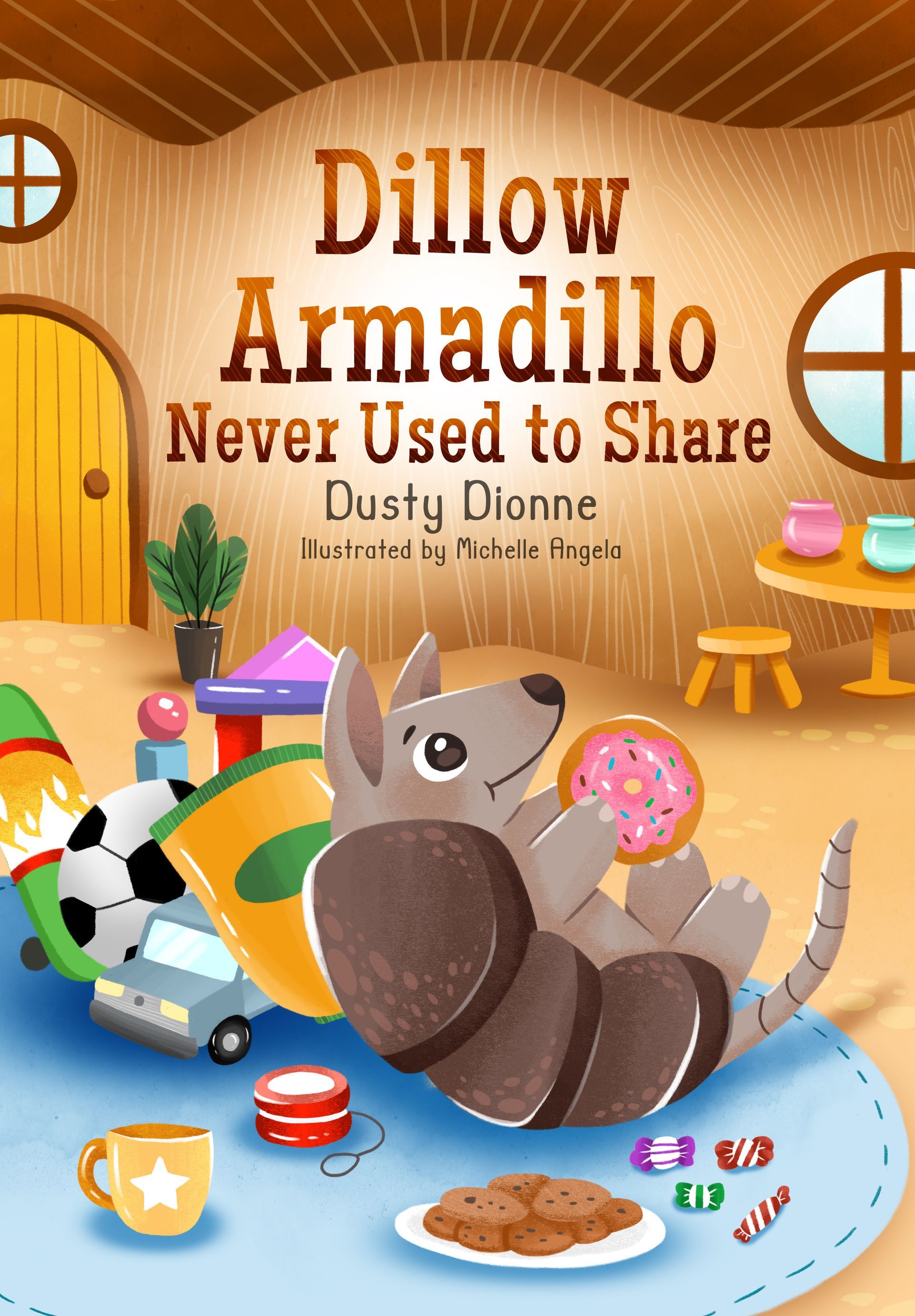 The cover of a children 's book called dillow armadillo never used to share.