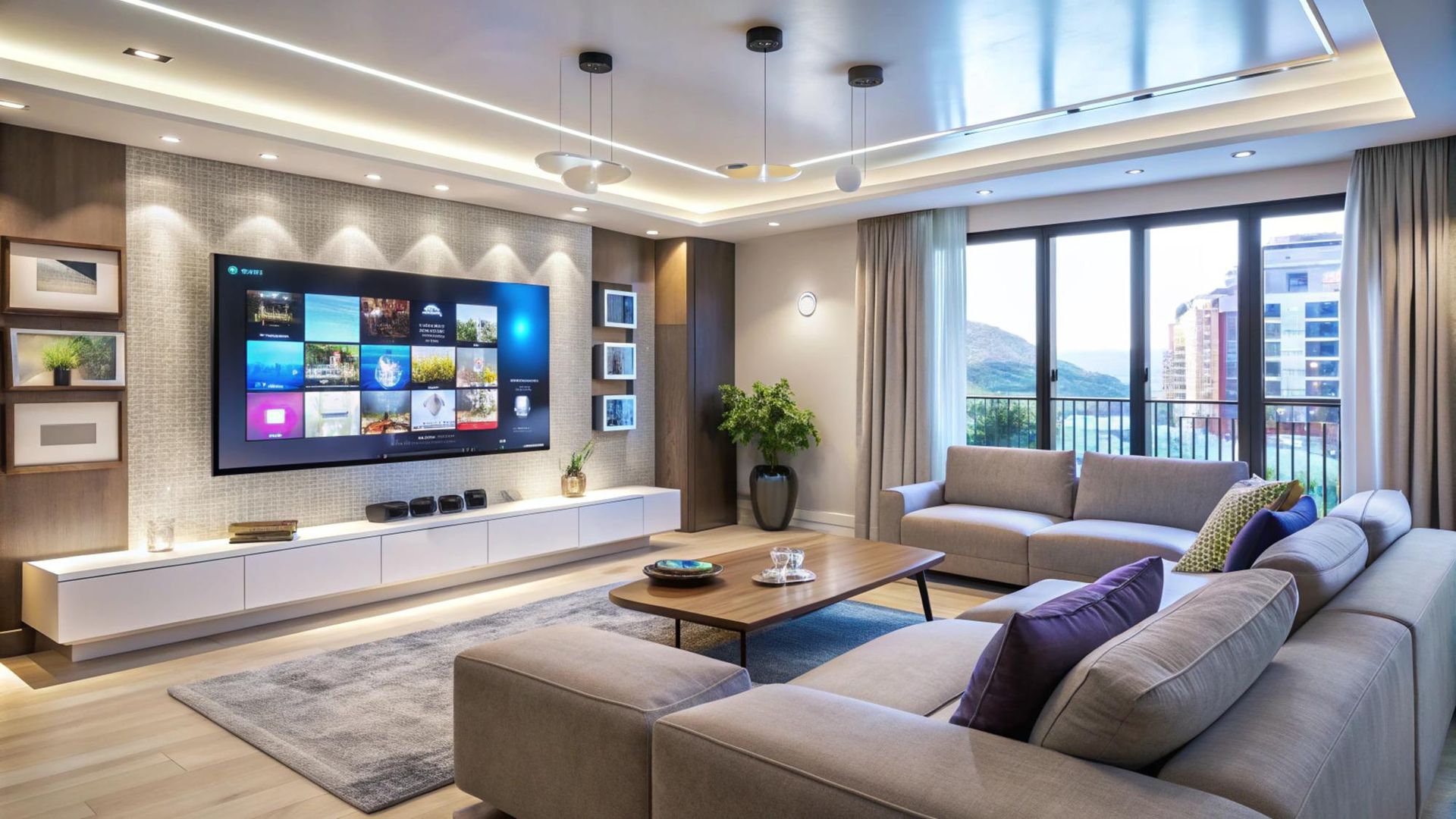 A living room with a large flat screen tv on the wall.